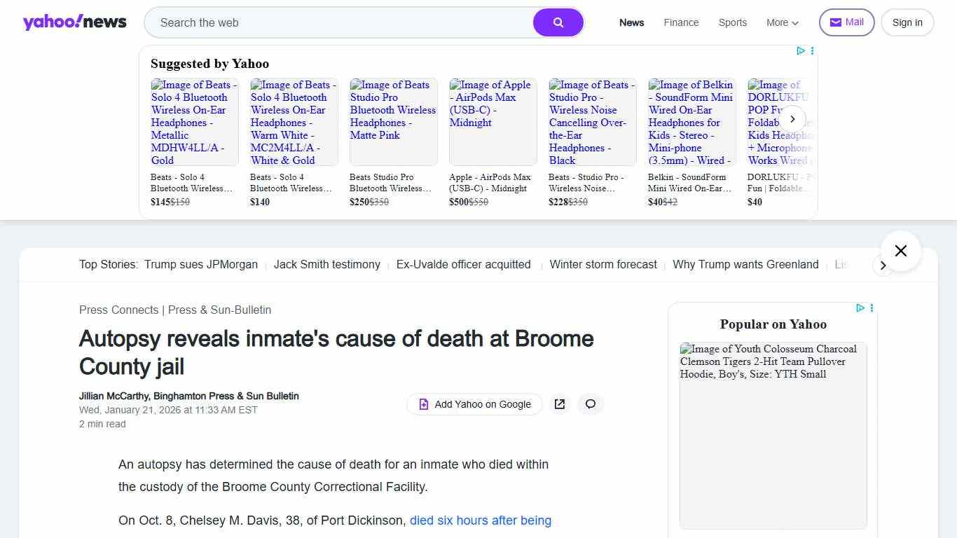 Autopsy reveals inmate's cause of death at Broome County jail